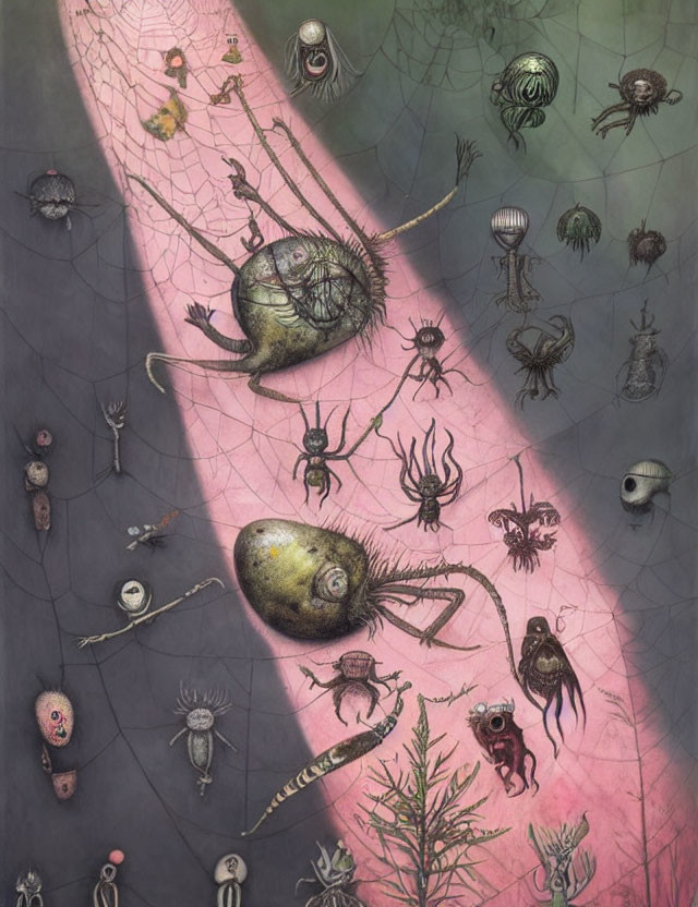 Surrealist Artwork: Fantastical Creatures with Insectoid and Eyeball Features