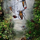 Spider web entangling insects and arachnids, some robotic, on green foliage.