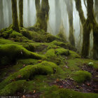 Various dinosaurs in misty forest with tall trees and filtered sunlight - a prehistoric scene