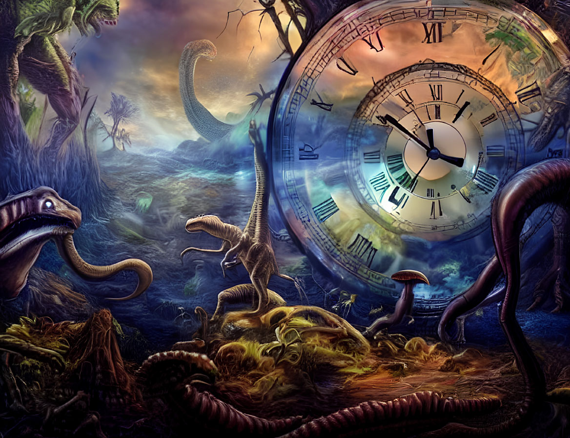 Fantasy scene featuring dinosaurs, lush vegetation, and transparent clock overlay