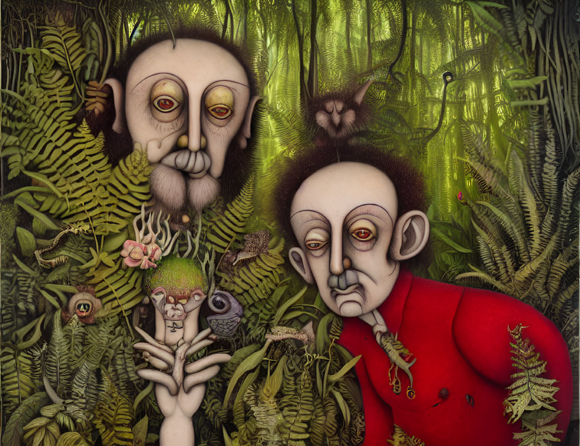 Surreal painting of humanoid figures in jungle with mystical creatures