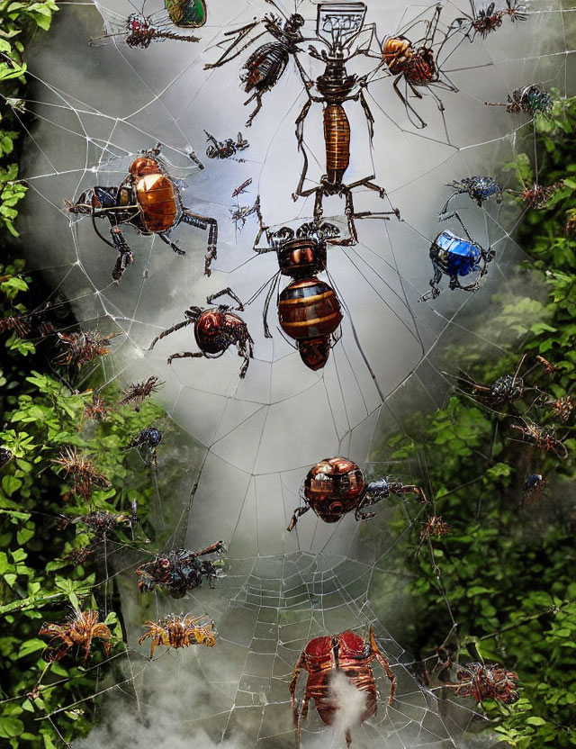 Spider web entangling insects and arachnids, some robotic, on green foliage.