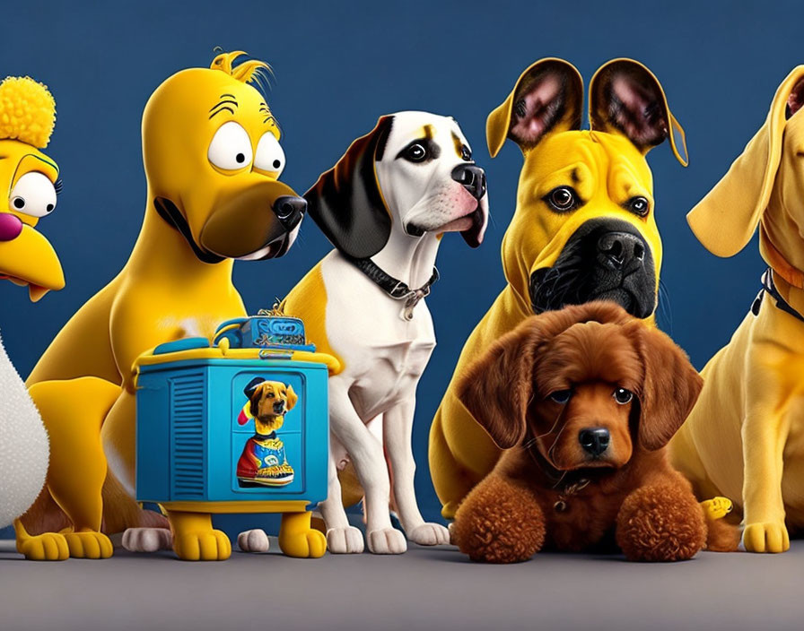 Assorted animated dogs and a bird with a lunchbox on blue backdrop