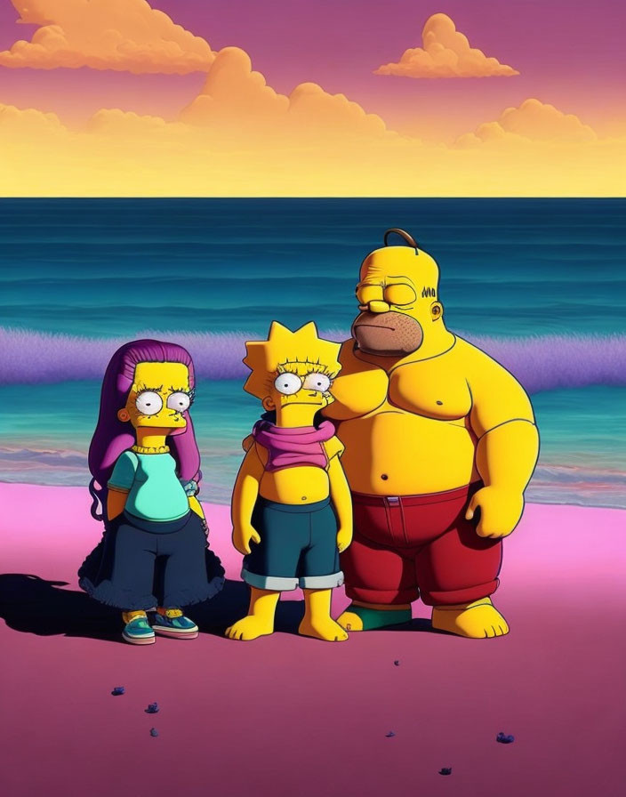 Animated family characters on beach at sunset with vibrant purple and pink sky