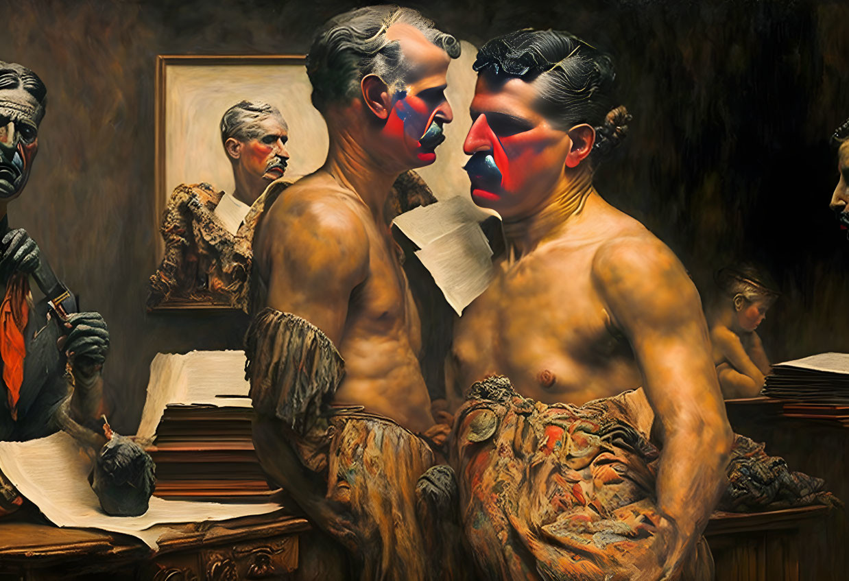 Surreal Painting: Shirtless Men with Distorted Faces in Vintage Setting