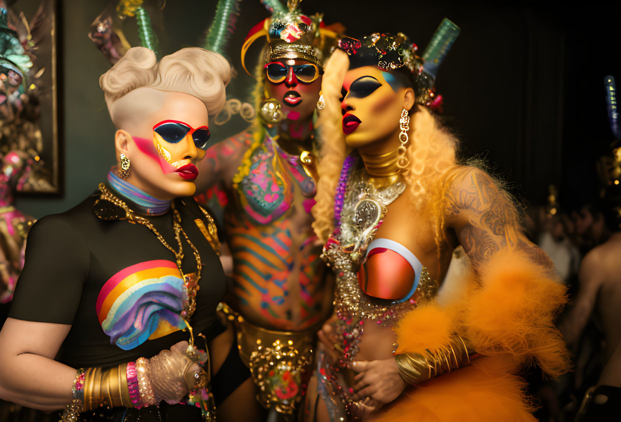 Three individuals in vibrant drag makeup and costumes posing with rainbow fan in blurred background