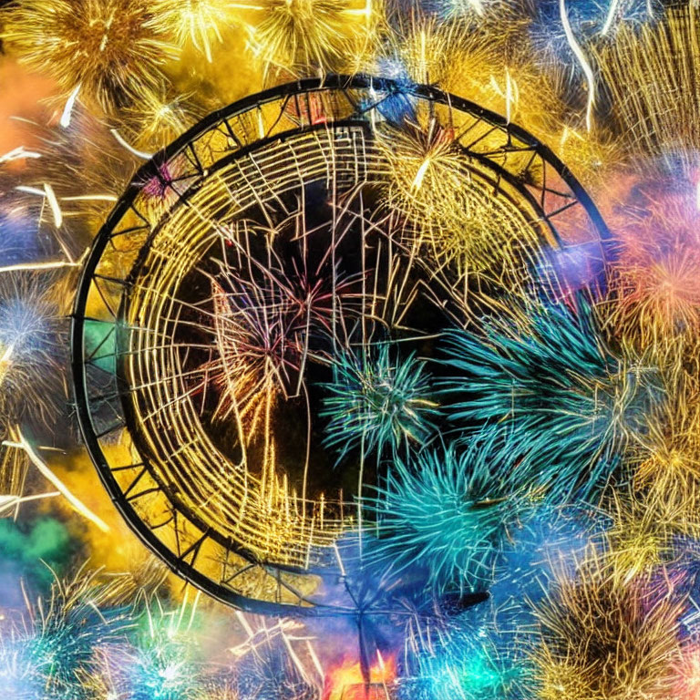 Colorful fireworks illuminate night sky with Ferris wheel silhouette