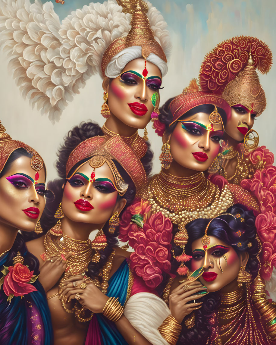 Five women in traditional Indian attire with elaborate gold jewelry and intricate headdresses.