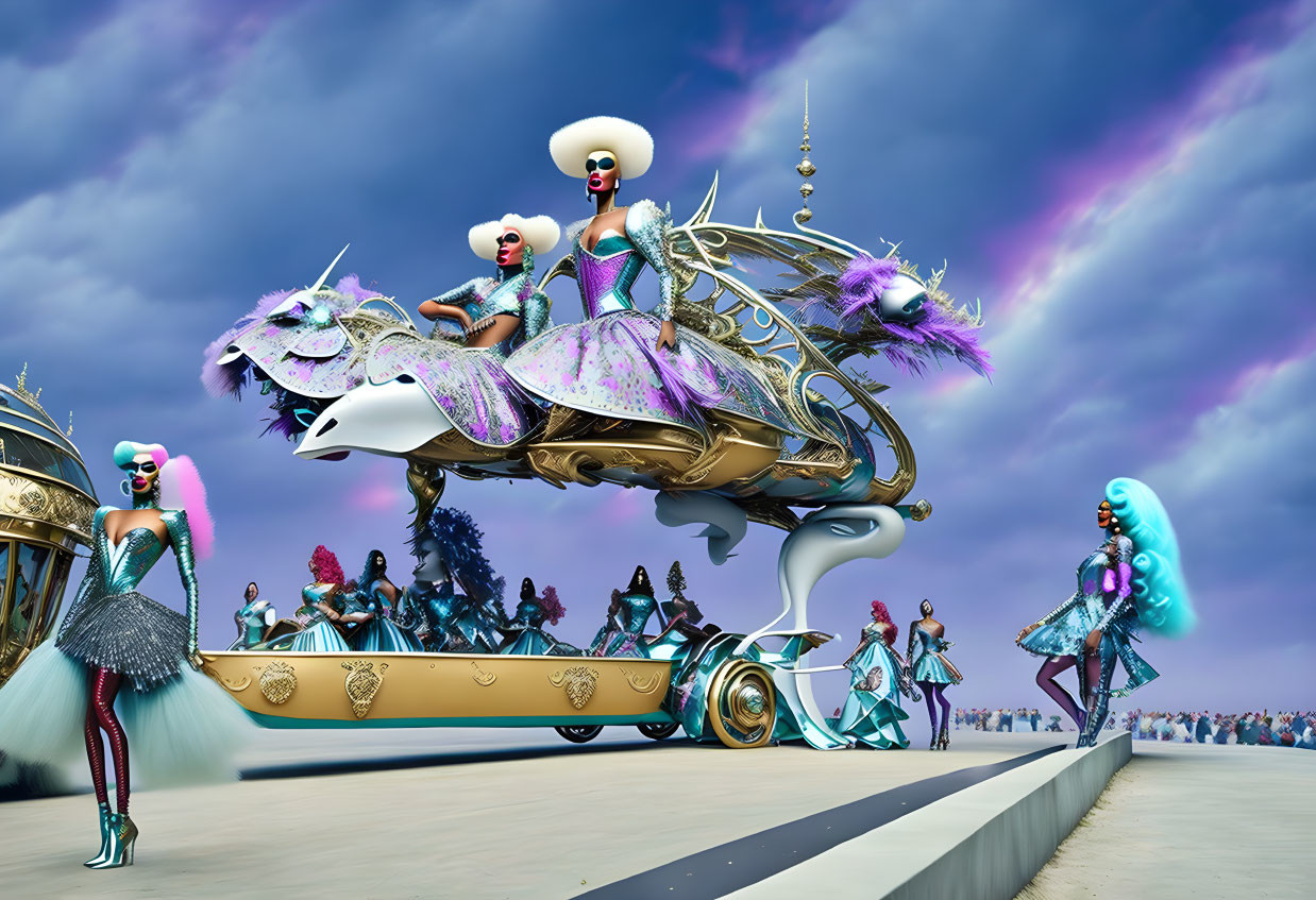 Colorful Fantasy Parade with Ornate Floats and Extravagant Costumes