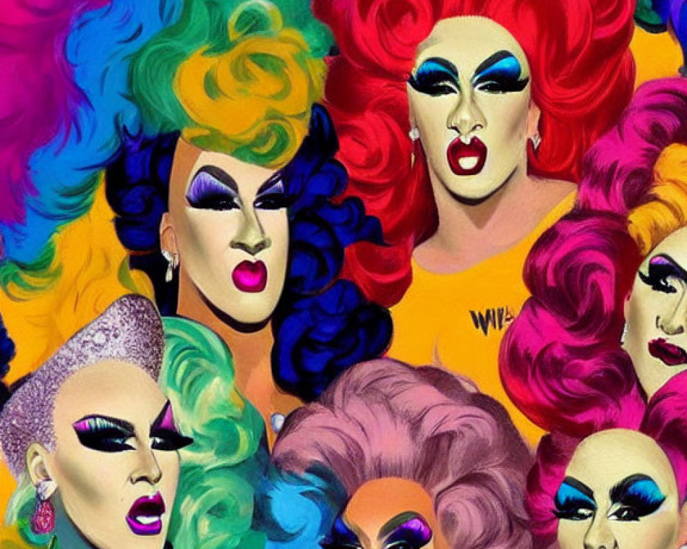 Vibrant drag queens in colorful makeup and wigs