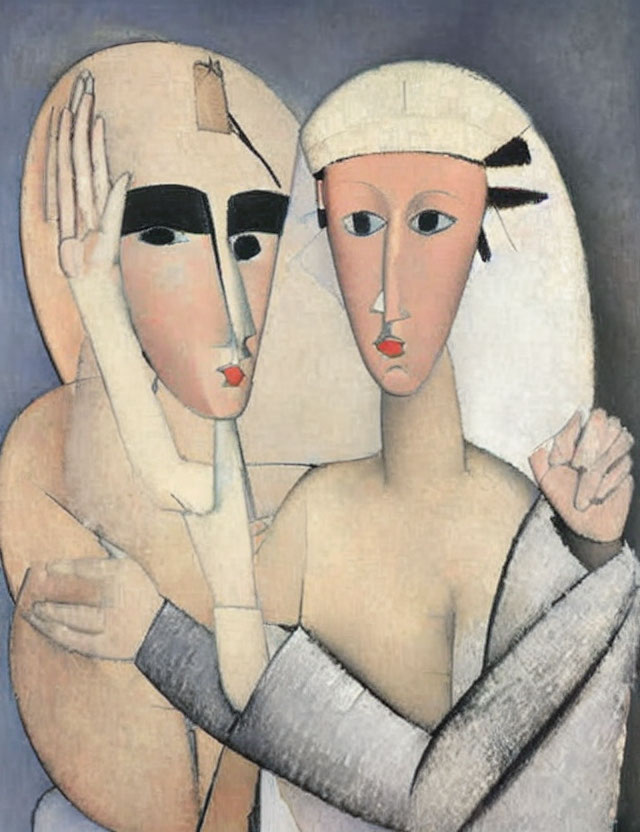 Abstract Cubist Painting of Two Figures Embracing