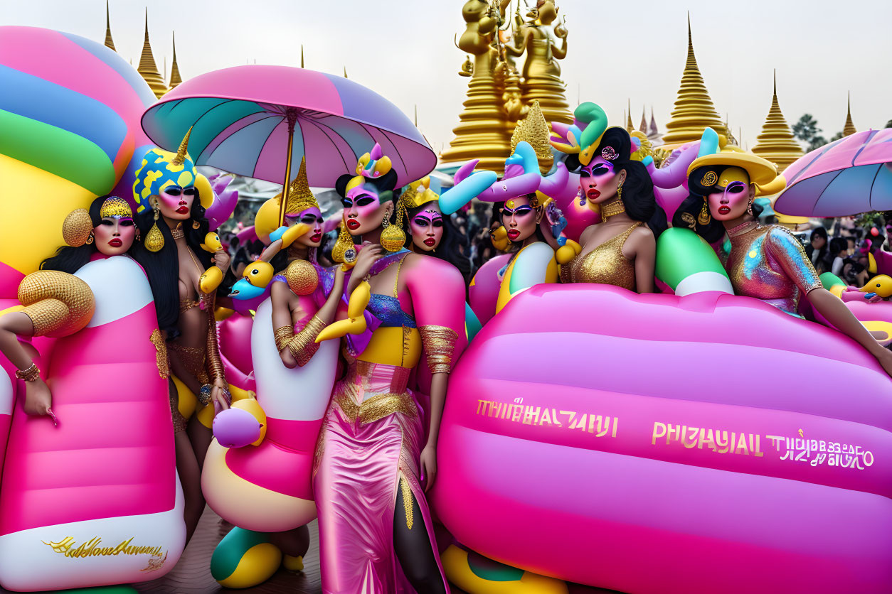 Vibrant People in Elaborate Costumes with Props and Umbrellas