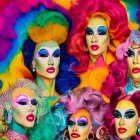 Vibrant drag queens in colorful makeup and wigs