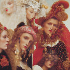 Five women in traditional Indian attire with elaborate gold jewelry and intricate headdresses.