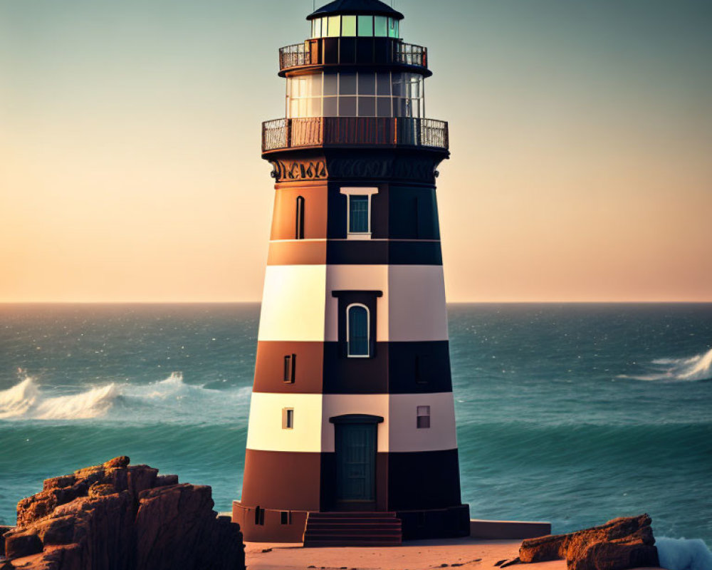 Striped Lighthouse on Rocky Shore with Ocean and Sunset Sky