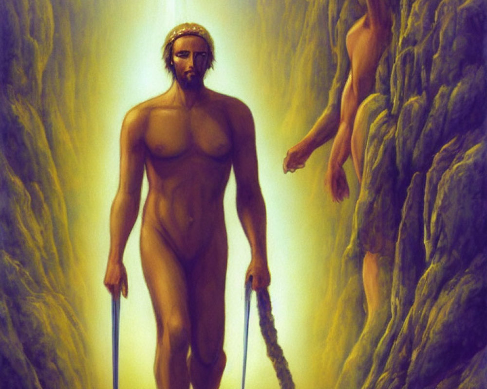 Bearded man with staff in canyon with embedded figure