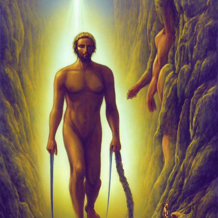 Bearded man with staff in canyon with embedded figure