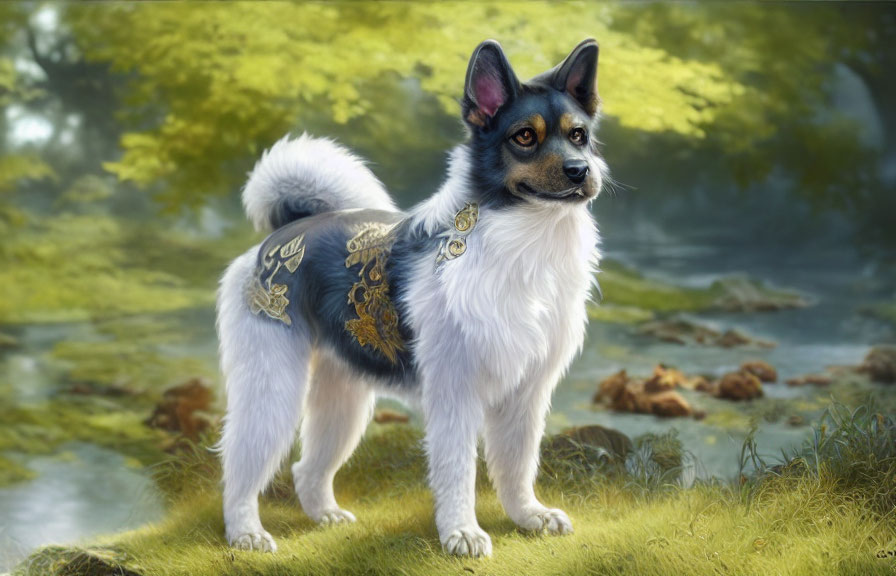 Realistic Dog Digital Painting with Ornate Saddlebags in Serene Forest