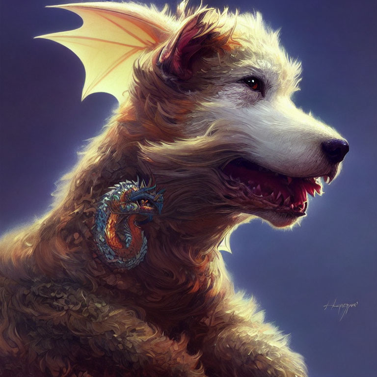 Mythical Dog Digital Painting with Brown Fur and Dragon Wings