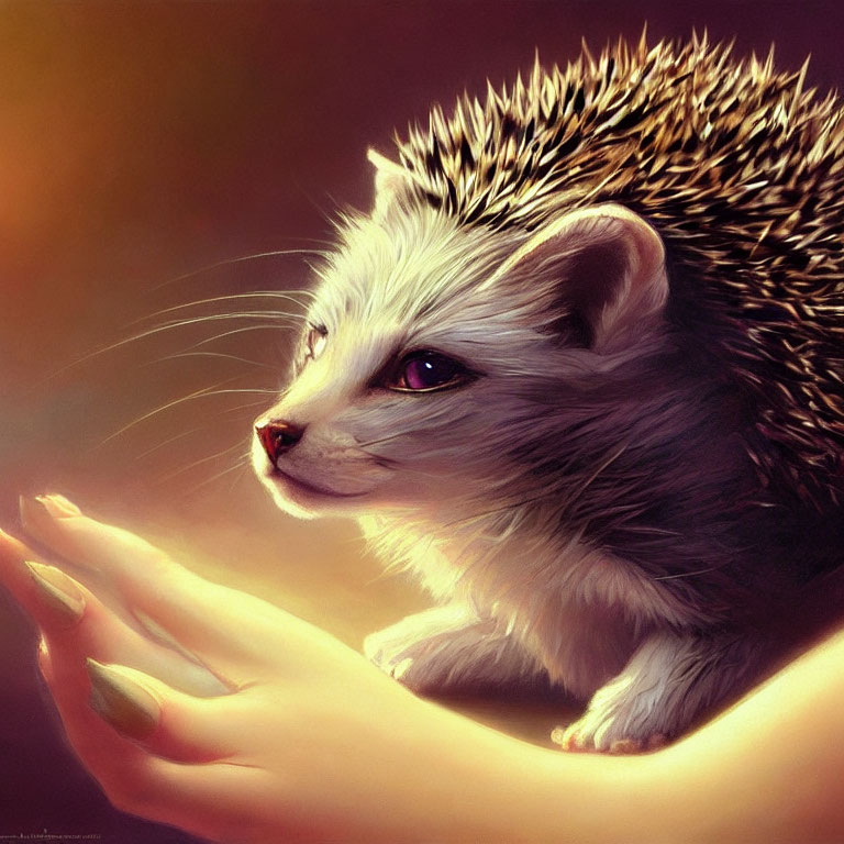 Realistic digital painting of hedgehog cradled in hand with golden hue