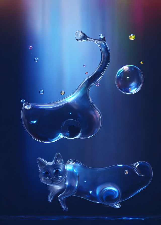 Liquid Cat Shape with Extended Paws and Bubbles in Blue and Purple Light