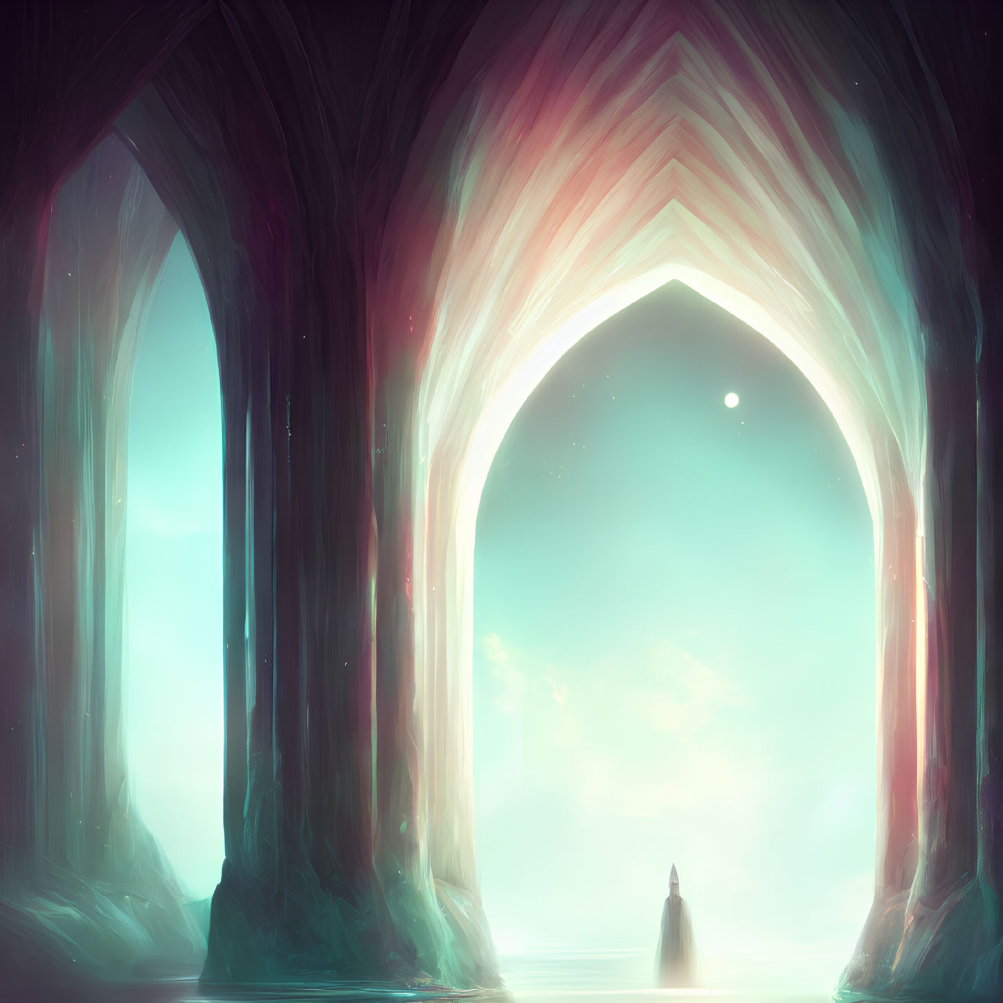 Solitary figure under ethereal archway in mystical forest