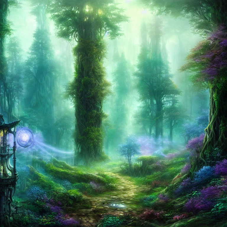 Mystical forest with vibrant green trees and colorful foliage