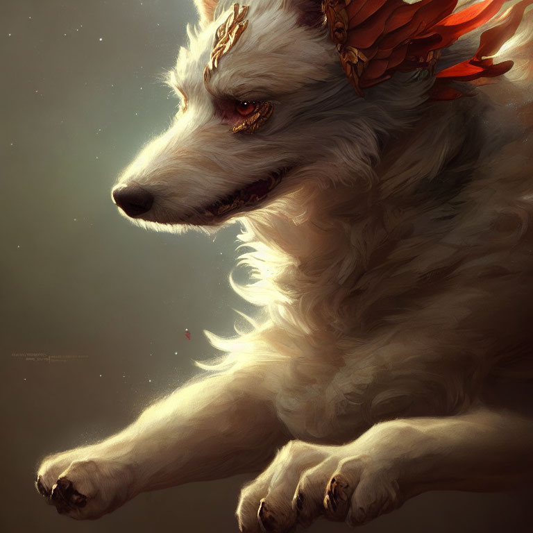 White Majestic Dog with Fantasy Headwear and Golden Embellishments