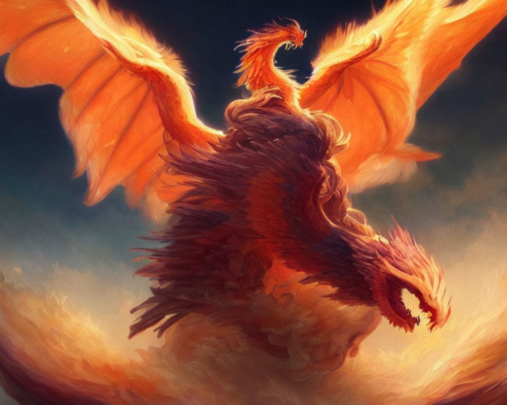 Majestic phoenix with fiery wings in mid-flight against warm-colored sky