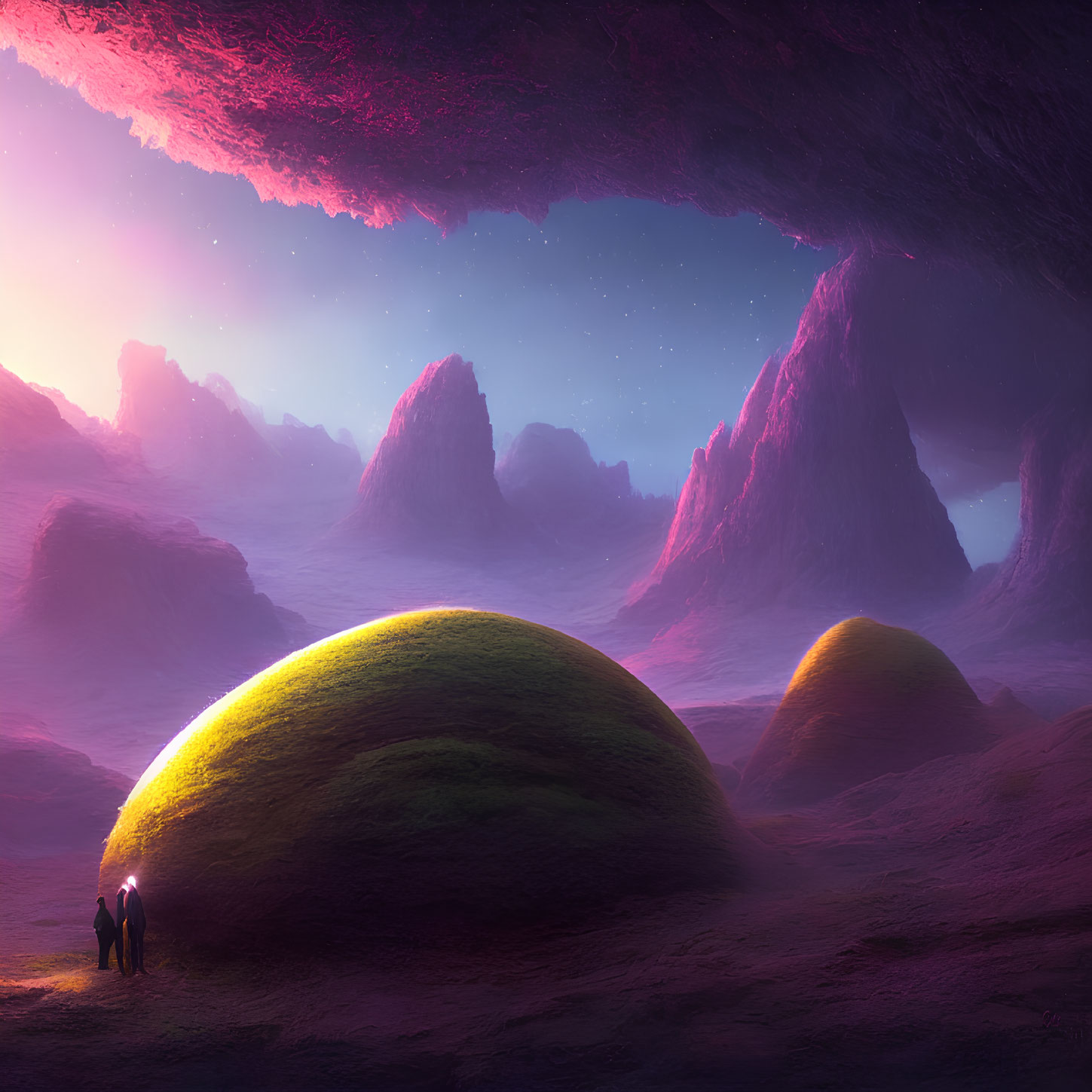 Two figures among glowing mounds under starry sky with mountains and pink nebula.