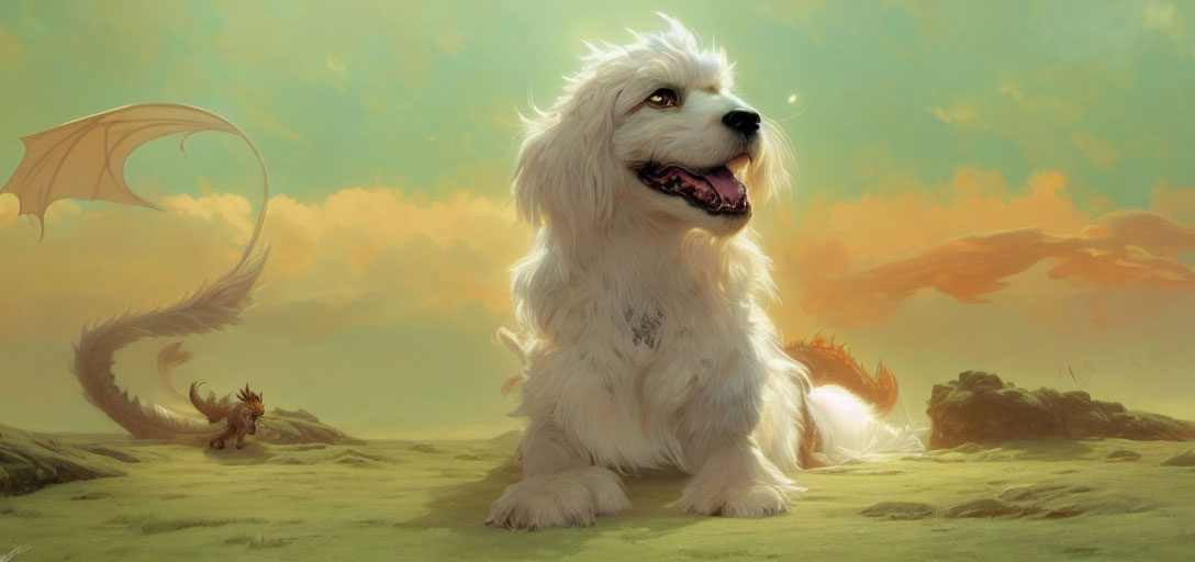 Majestic white dog in fantastical landscape with dragons