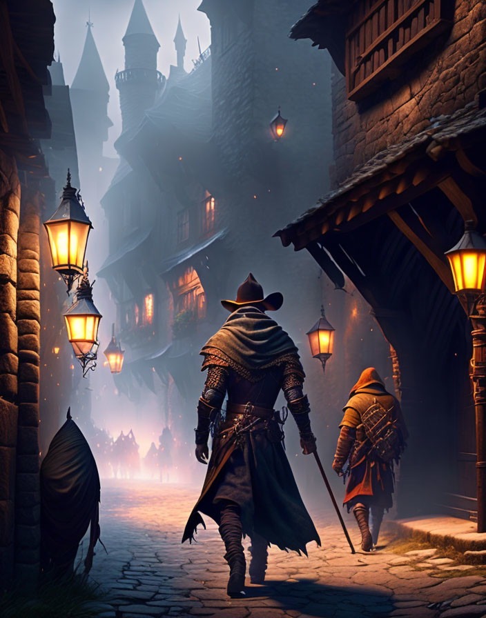 Medieval alleyway with cloaked figures and glowing lanterns