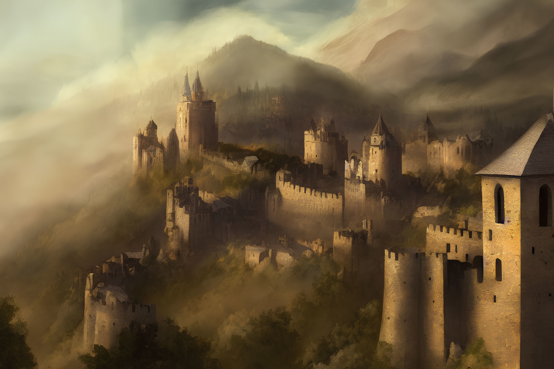 Misty landscape with rolling hills and majestic castle in golden light