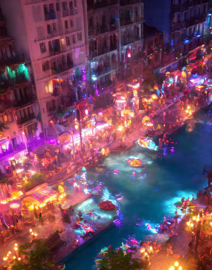 Bustling canal at night with illuminated boats