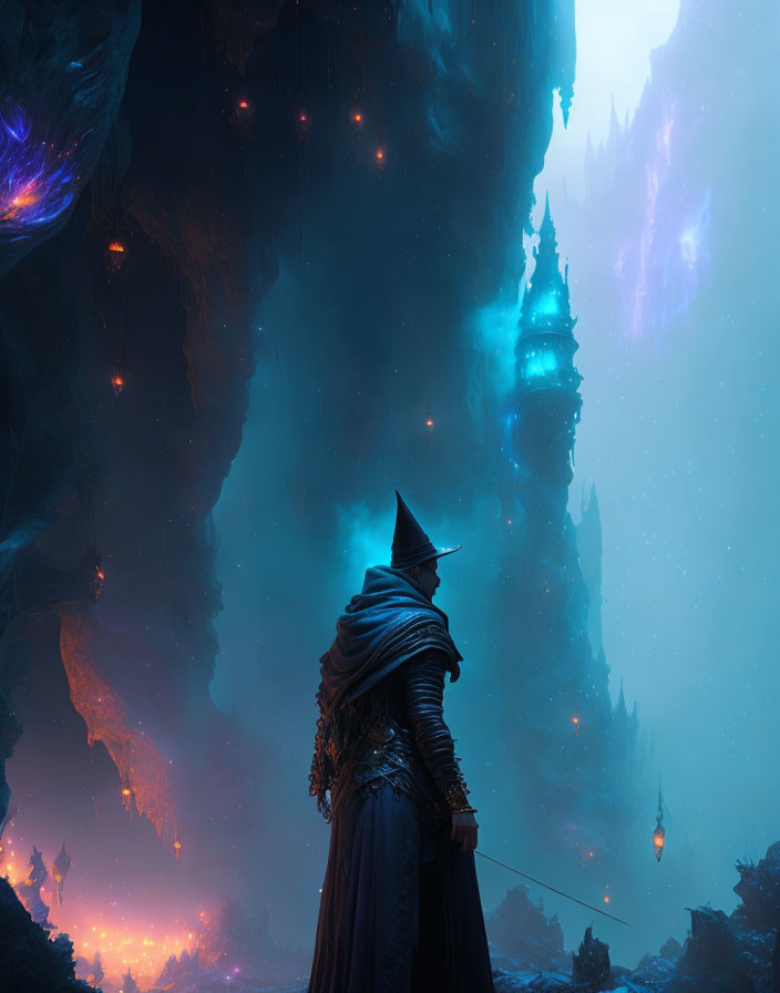 Mystical cloaked figure with staff in front of glowing crystal cavern