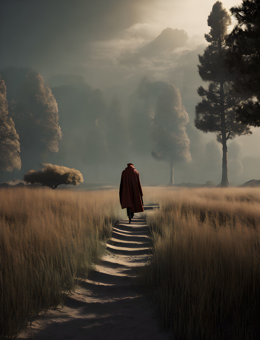 Solitary Figure in Red Cloak Walking Through Misty Forest