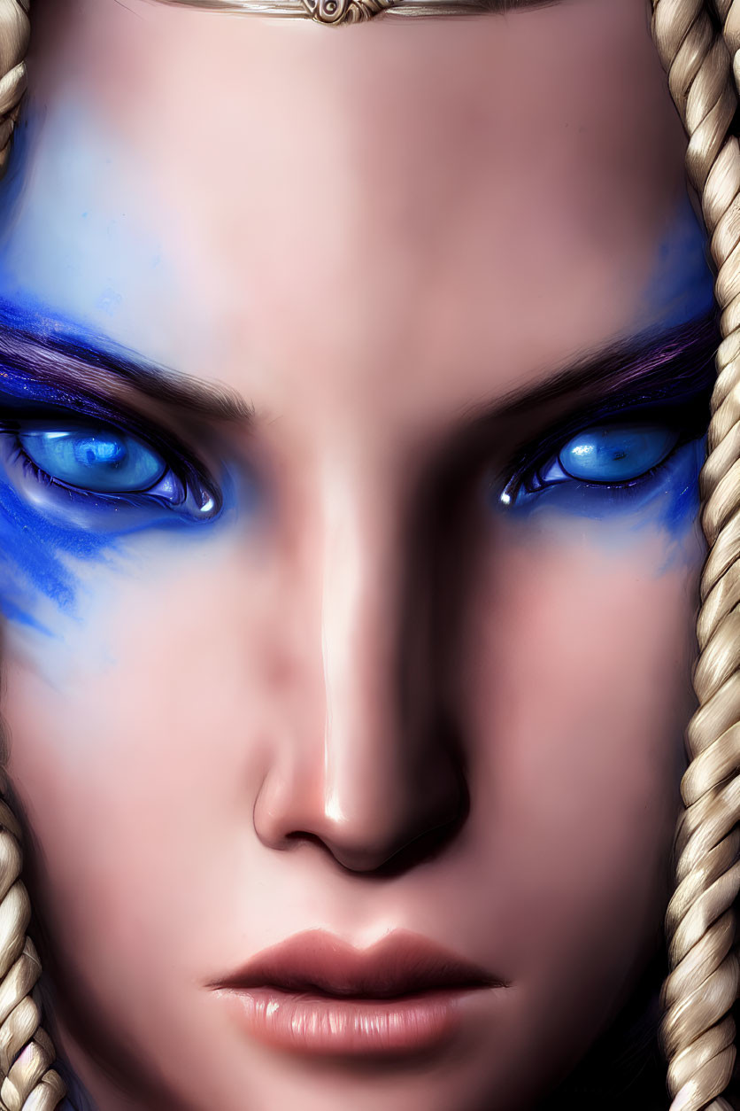 Detailed portrait of digital artwork featuring person with blue eyes, tribal face markings, and blonde braided hair