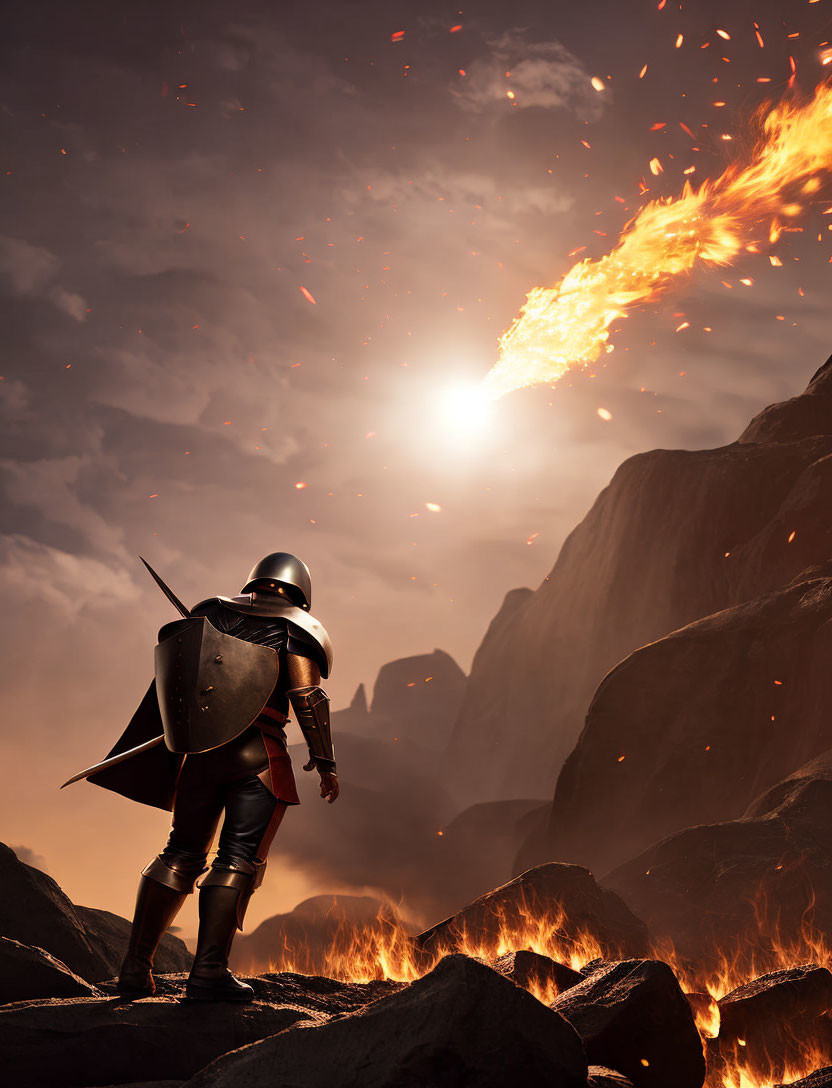 Armored knight observes erupting volcano under dramatic sky