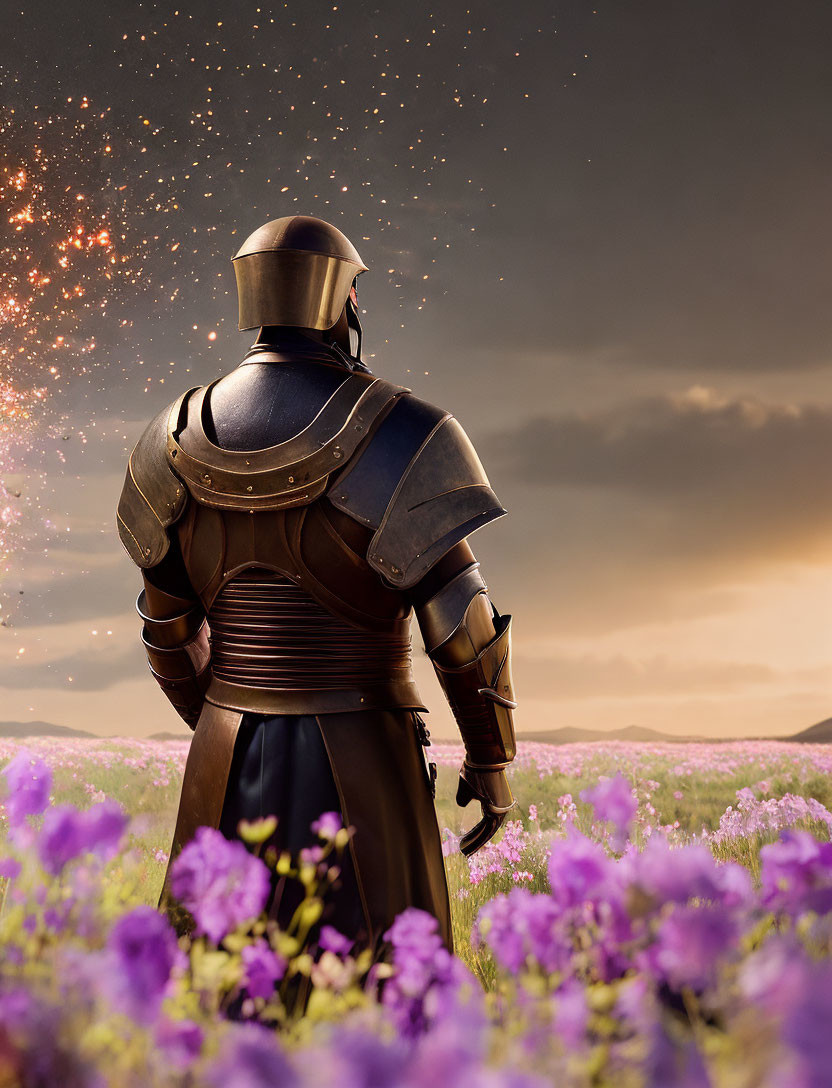 Knight in Dark Armor Stands in Purple Flower Field with Cosmic Dust Trail