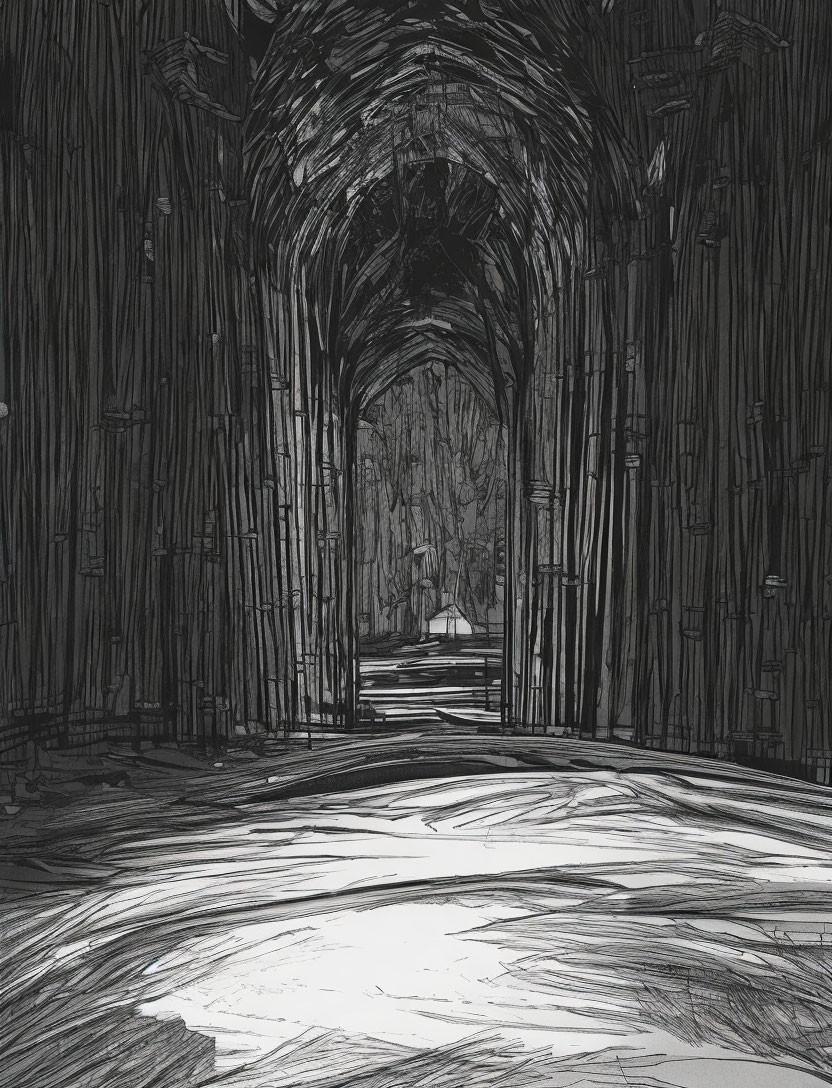 Monochrome sketch of ethereal forest with tunnel-like path and distant figure