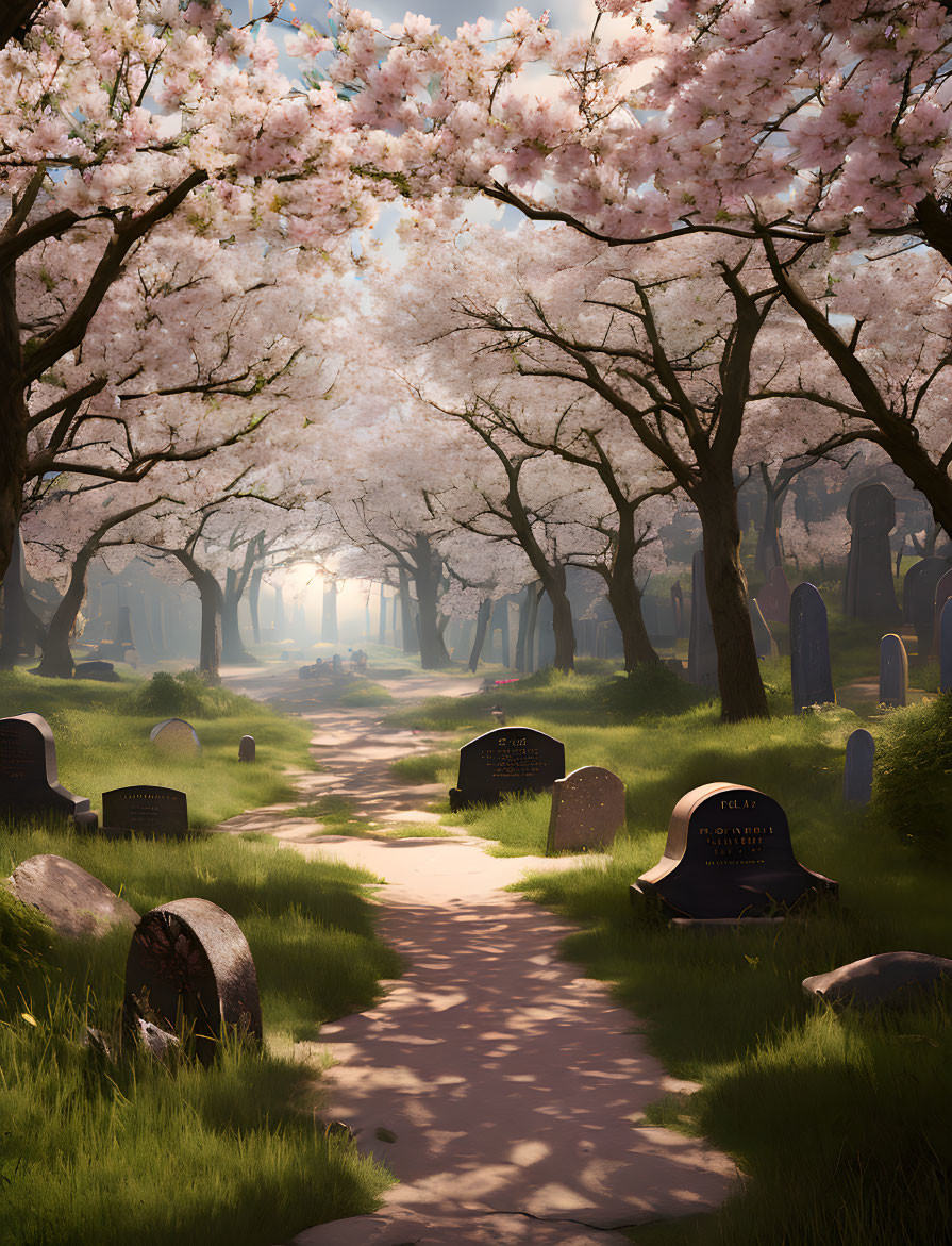 Cherry Blossom Cemetery with Serene Atmosphere