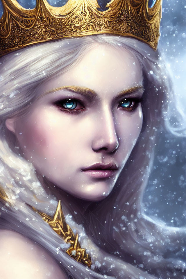 Regal figure with pale skin and golden crown in snowy setting