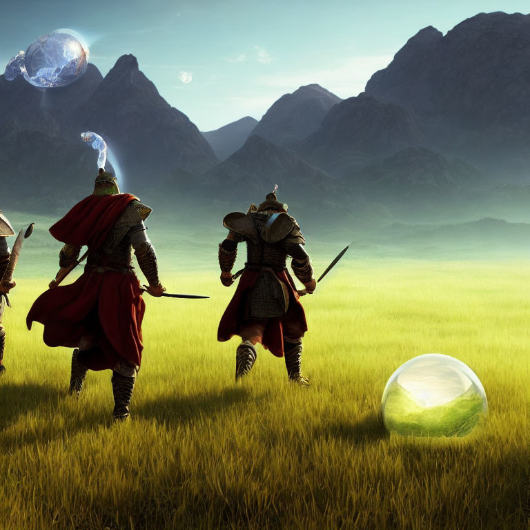 Medieval knights in red capes on grassy field with floating crystals and mountains.