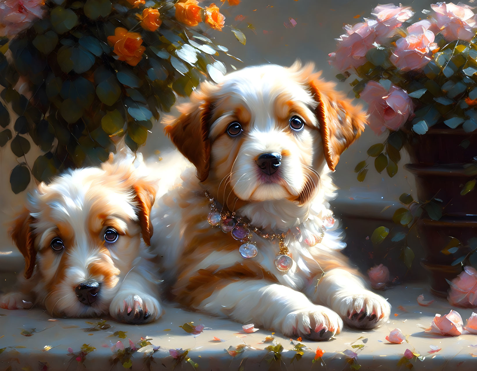 Fluffy Puppies with Jewel Collars Among Pink Rose Petals