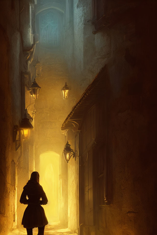 Person in Misty Alley Facing Glowing Archway