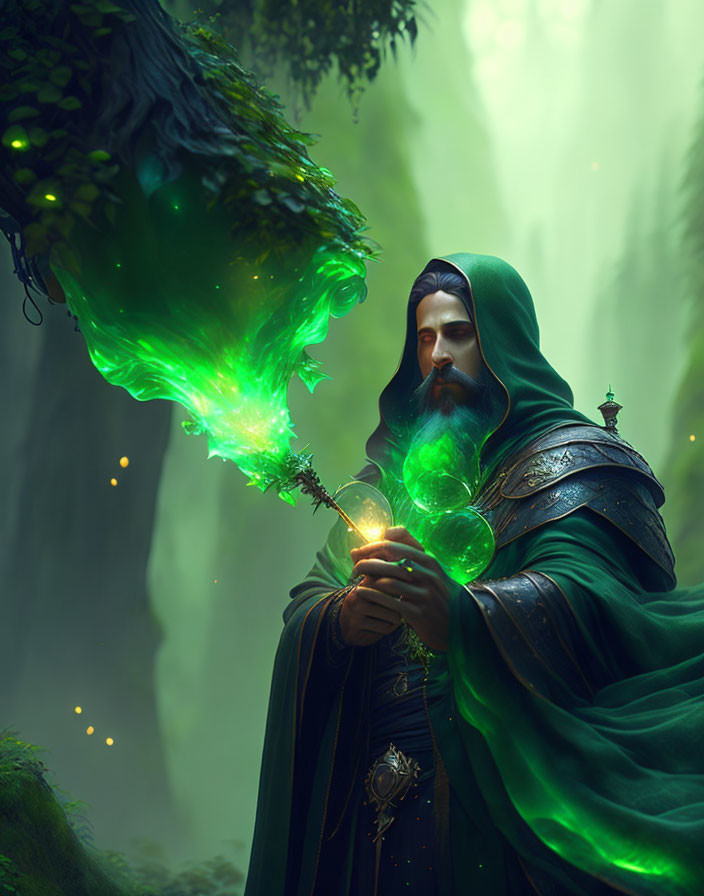 Mystical mage with glowing staff in enchanted forest