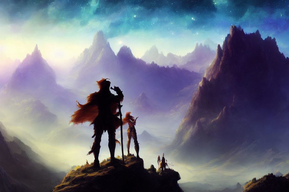 Silhouetted adventurers on mountain under starry sky