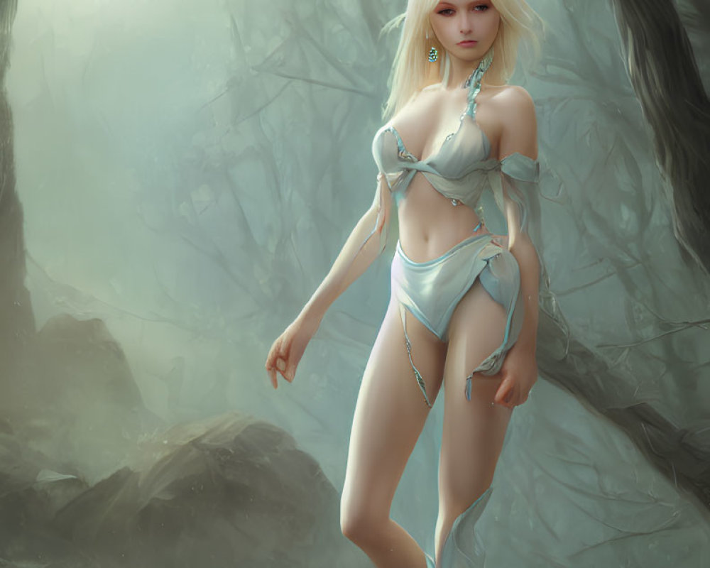 Fantasy female character with blonde hair in mystical forest wearing light blue medieval attire