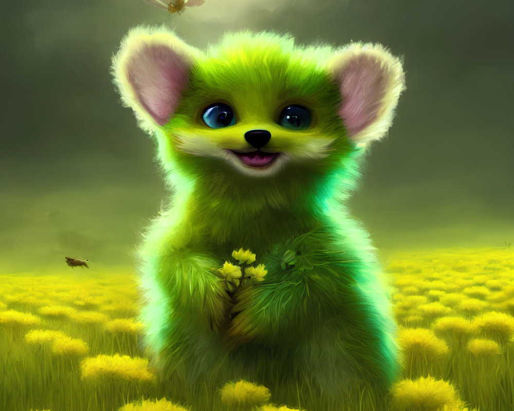 Colorful illustration of fluffy green creature with blue eyes holding flower in field.