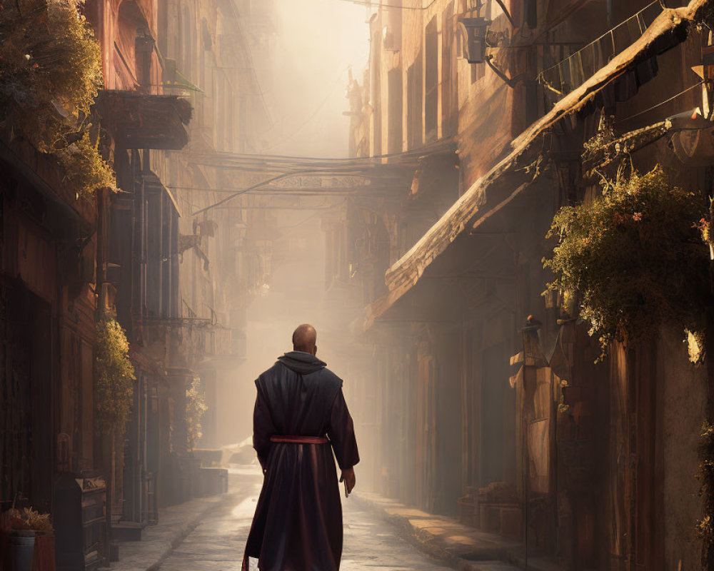 Solitary figure in robe walking down sunlit cobblestone street flanked by old buildings